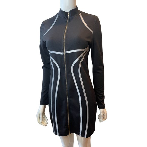 SHEIN Womens Bodycon Dress Zip Front Contrast Reflective Tape Black Size Medium - Picture 4 of 12